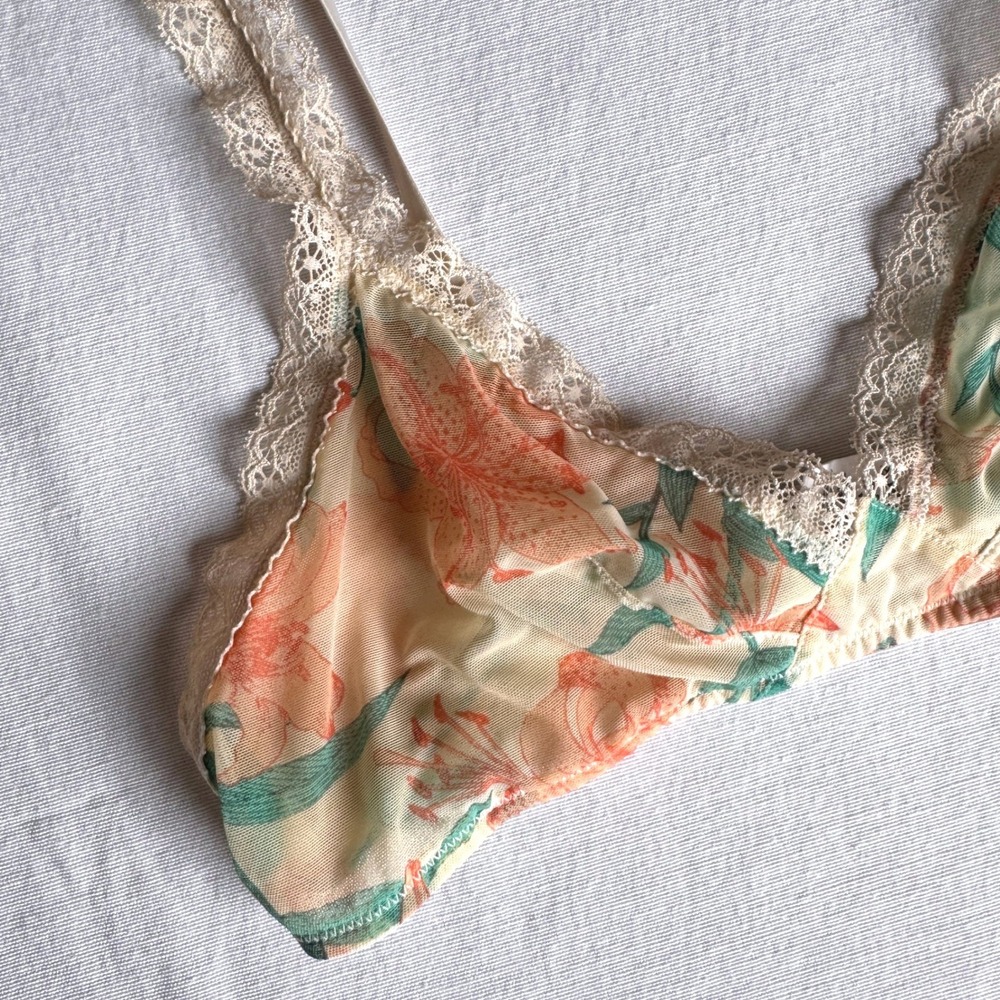 Calvin Klein Floral Mesh Bralette Lace Trim Triangle Unlined Orange Lily Size L
